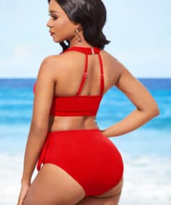 ROSEWE Cross Strap High Waisted Red Bikini Set