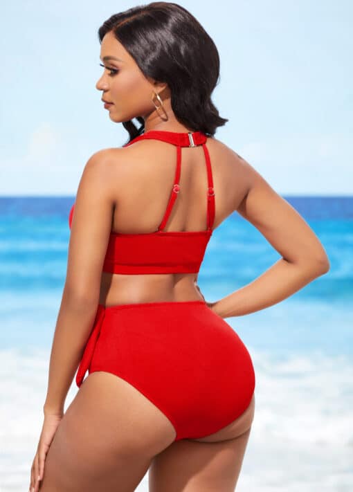 ROSEWE Cross Strap High Waisted Red Bikini Set