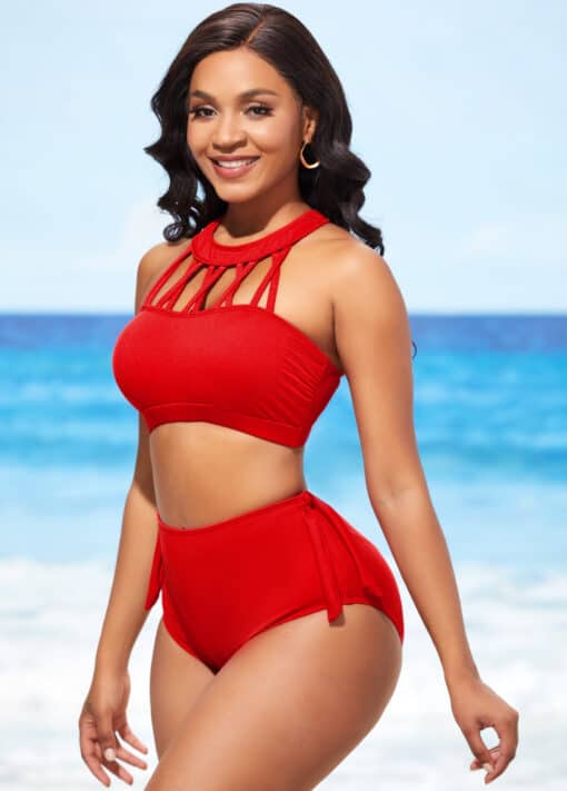 ROSEWE  Cross Strap High Waisted Red Bikini Set - Image 2