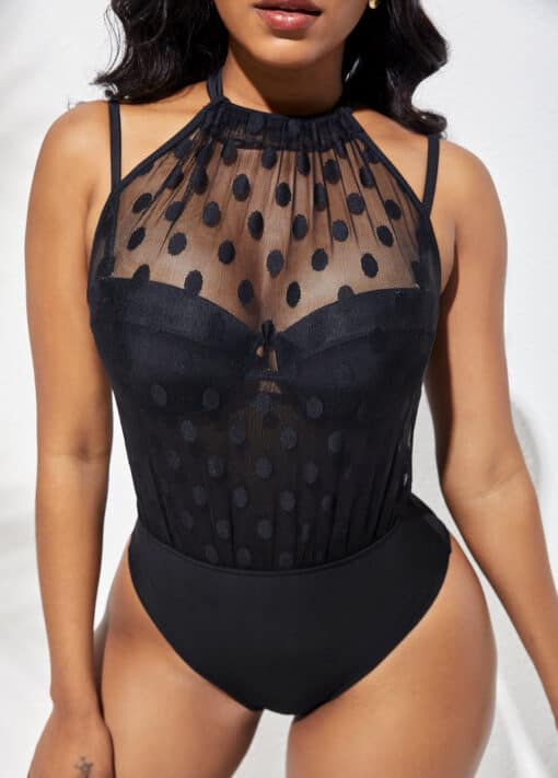 rosewe Mesh Stitching Polka Dot Black One Piece Swimwear - Image 4