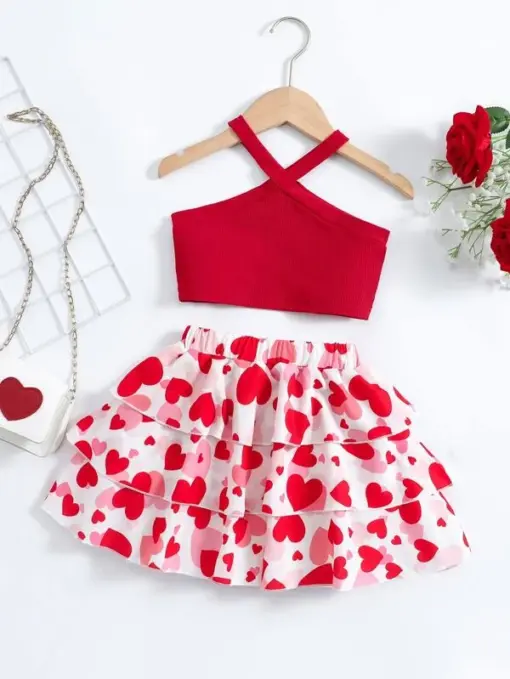 SHEIN Toddler Girls Crisscross Halter Top & Heart Print Layer Hem Skirt - Image 2