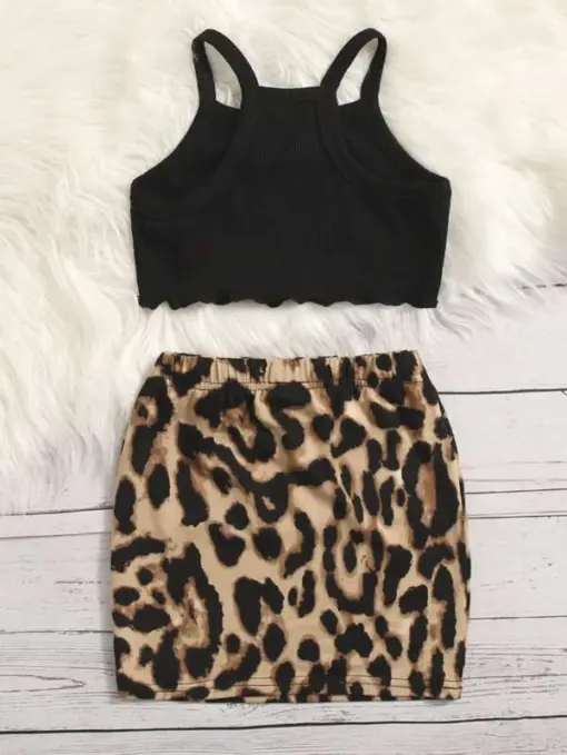 SHEIN Toddler Girls Lettuce Trim Cami Top & Leopard Print Skirt - Image 2