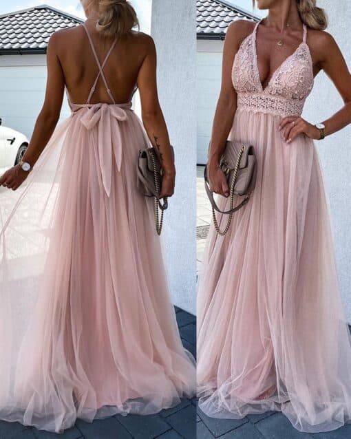 CHICME Crisscross Backless Crochet Lace Mesh Prom Dress