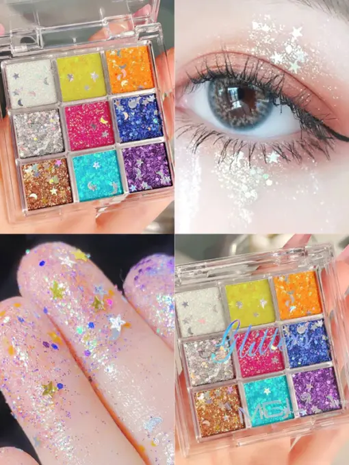 shein 9 Color Pearlescent Shimmer Eyeshadow Palette, Long-Wearing Eyeshadow Tray Sequin Decor Glitter Eye Shadow