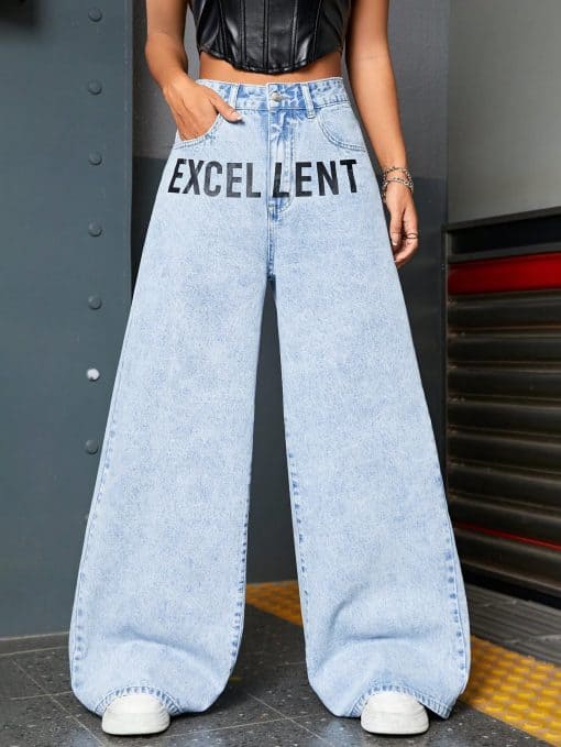 SHEIN ICON Letter Graphic Wide Leg Jeans - Image 3