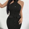 SHEIN SXY Button Front Halter Neck Backless Bodycon Dress