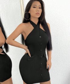 SHEIN SXY Button Front Halter Neck Backless Bodycon Dress