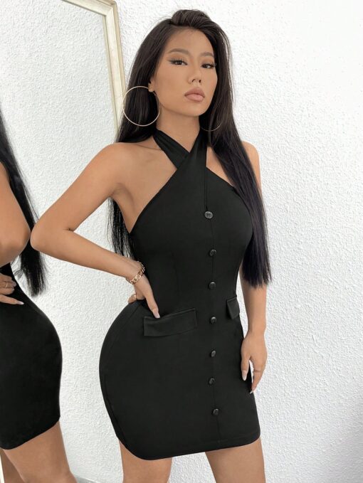 SHEIN SXY Button Front Halter Neck Backless Bodycon Dress