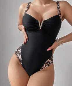 SHEIN Swim Women Leopard One Piece Swimsuit, Random Printing Summer Beach Vacation Bathing Suit