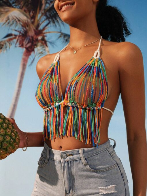 SHEIN Swim Vcay Summer Beach Women's Colorful Hollow Out Halter Neck Tie Back Cover Up Top