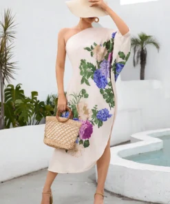 SHEIN VCAY Floral Print One Shoulder Batwing Sleeve Split Thigh Dress