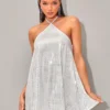 SHEIN BAE Tie Backless Sequin Halter Dress