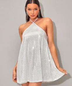 SHEIN BAE Tie Backless Sequin Halter Dress