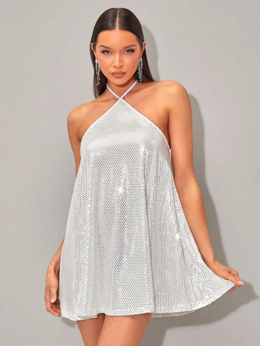 SHEIN BAE Tie Backless Sequin Halter Dress