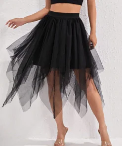 SHEIN PETITE Asymmetrical Hem Mesh Overlay Skirt