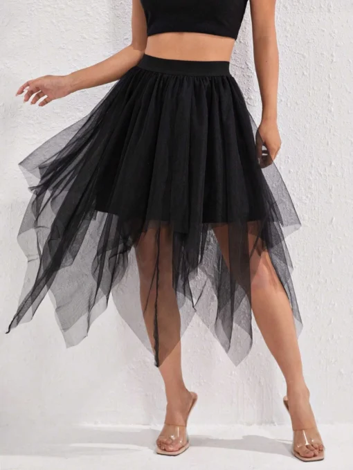 SHEIN PETITE Asymmetrical Hem Mesh Overlay Skirt