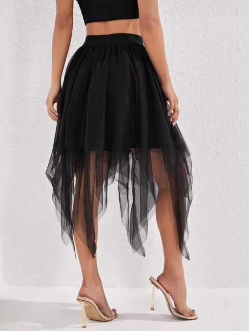 SHEIN PETITE Asymmetrical Hem Mesh Overlay Skirt - Image 2