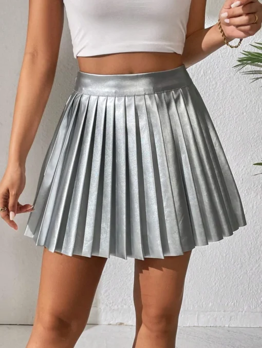 SHEIN PETITE High Waist Metallic Pleated Skirt