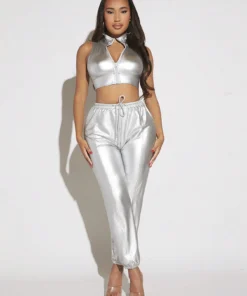 SHEIN SXY Drawstring Waist Metallic Pants