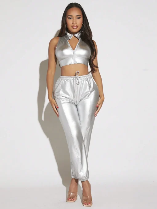 SHEIN SXY Drawstring Waist Metallic Pants