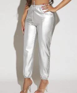 SHEIN SXY Drawstring Waist Metallic Pants