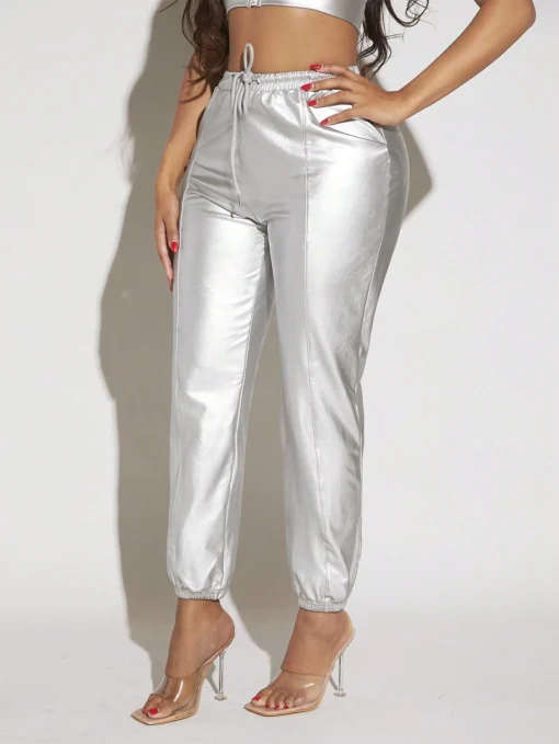 SHEIN SXY Drawstring Waist Metallic Pants