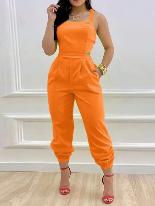 SHEIN Slayr Women's Summer Fashion Solid Color Backless Jumpsuit With Tapered Leg