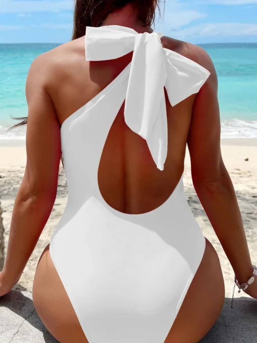 SHEIN Swim Cut-Out Knot One Shoulder One Piece Swimsuit,Summer Beach