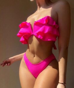 SHEIN Swim Mod Women Summer Beach Solid Ruffle Trim Removable Spaghetti Strap Bikini Set