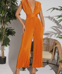 SHEIN VCAY Plunging Neck Pleated Wide Leg Satin Jumpsuit