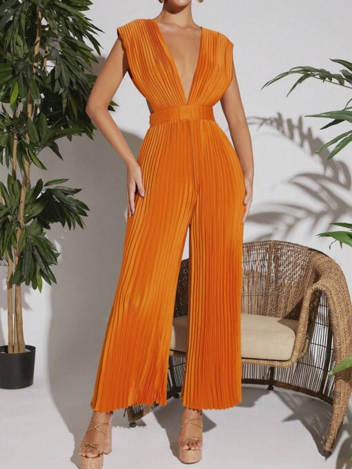 SHEIN VCAY Plunging Neck Pleated Wide Leg Satin Jumpsuit