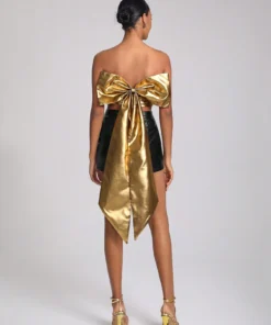 SHEIN SHONTAY RACQUEL Gold Metallic Corset Top with Bow in the Back