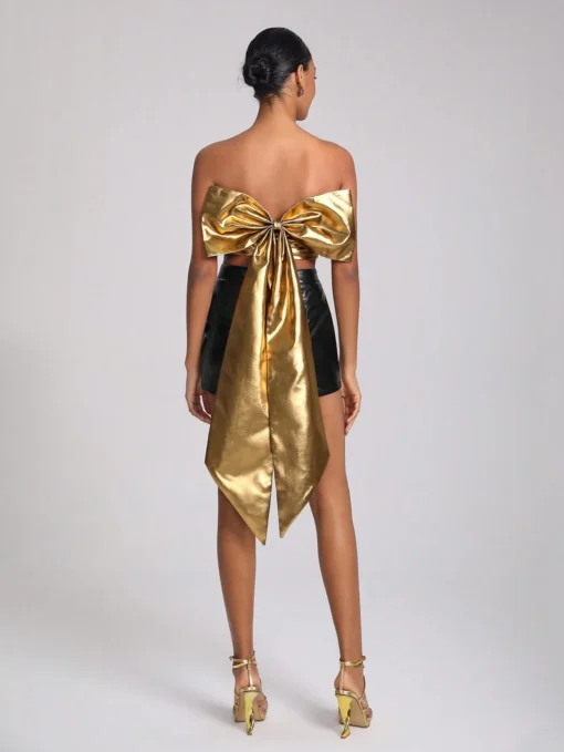 SHEIN SHONTAY RACQUEL Gold Metallic Corset Top with Bow in the Back