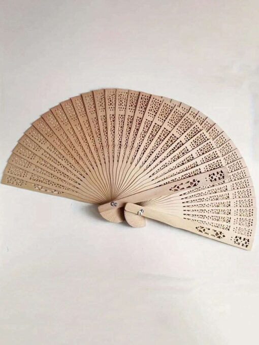 shein 1 pcs Elegant Pure Wood Fans, Handmade Carved Wooden Fan