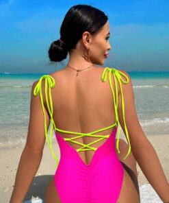 SHEIN Swim Women's Contrast Color Simple Daily Neon One-Piece Swimsuit