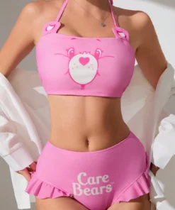 SHEIN X Care Bears Ladies Knitted Cartoon Bear And Letter Print Neck Hanging Bikini Set