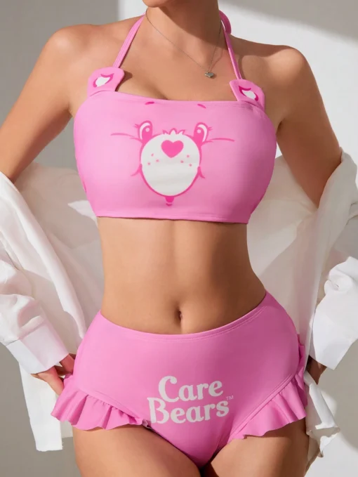 SHEIN X Care Bears Ladies Knitted Cartoon Bear And Letter Print Neck Hanging Bikini Set