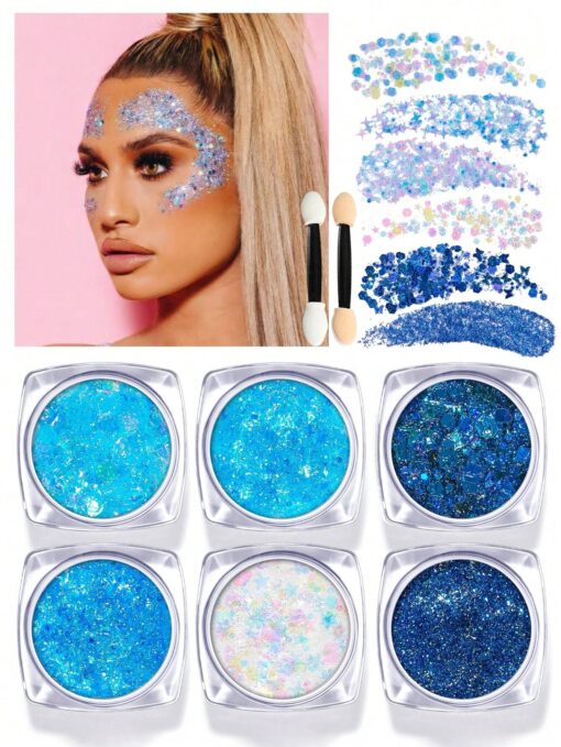 SHEIN 8pcs/Set (1pc 6 Colors Glitter Gel + 2pcs Single-Headed Brush) Body Makeup Tools