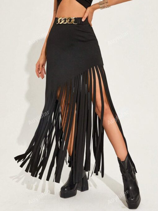 SHEIN Chain Detail Fringe Hem Skirt