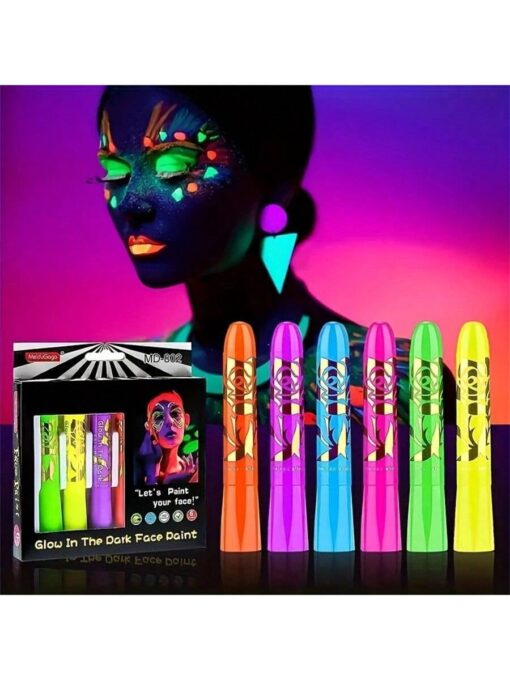 SHEIN Blacklight Face Oil Paint Crayon Set, 6pcs Uv Blacklight Makeup Neon Face And Body Oil Paint Stick Marker Pens For Carnival Halloween Masquerade Makeup