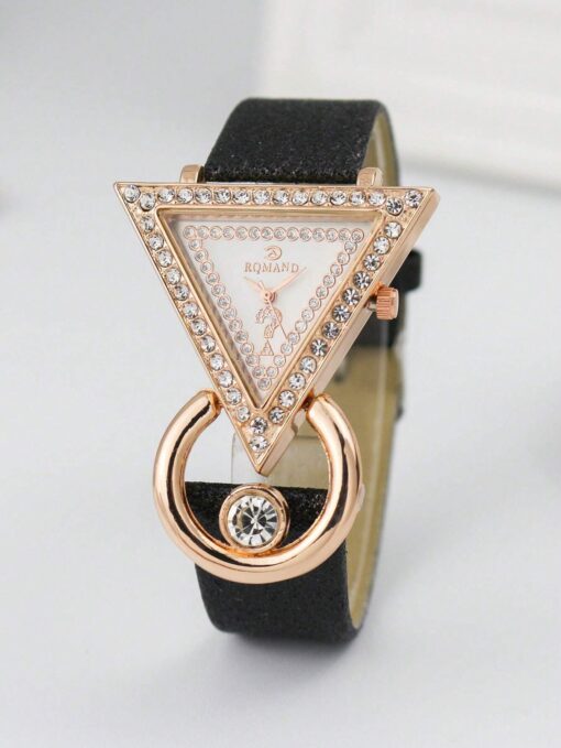 shein Rinnandy Rhinestone Decor Triangle Pointer Quartz Watch