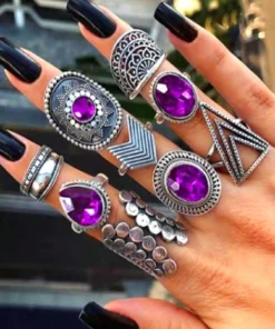 SHEIN 9pcs Boho Vintage Purple Ehinestone Rings Set