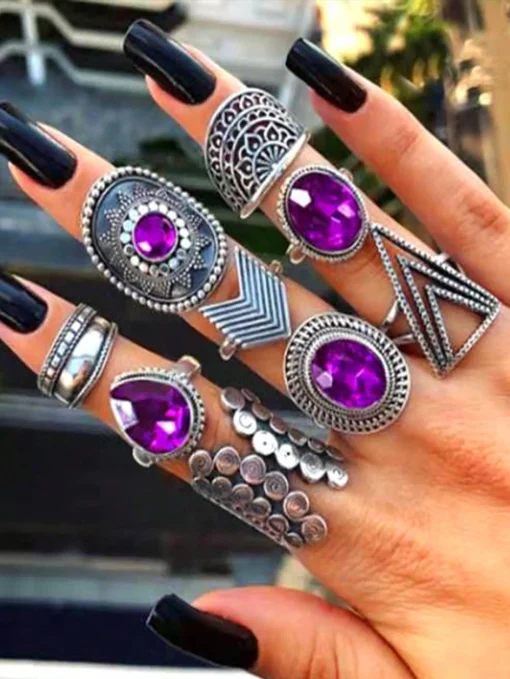 SHEIN 9pcs Boho Vintage Purple Ehinestone Rings Set