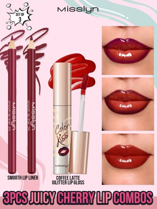 SHEIN Misslyn 3 Pcs Juicy Cherry Lip Combos,Smooth Lip Liner, Colorstay Face Makeup