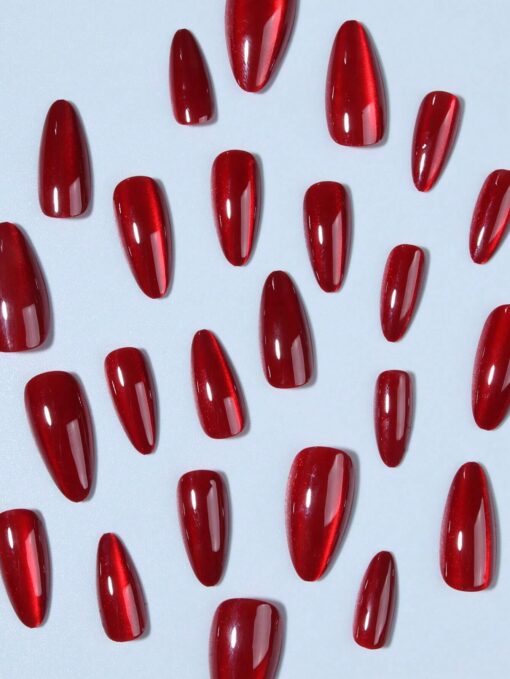 SHEIN 24pcsSet Y2K Aesthetic Blood-Red Crystal Cat Eye Press On Nails