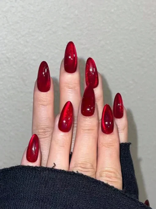 SHEIN 24pcsSet Y2K Aesthetic Blood-Red Crystal Cat Eye Press On Nails