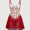 SHEIN ROMWE Kawaii Sexy Lace Cherry Romantic Slit Dress Set