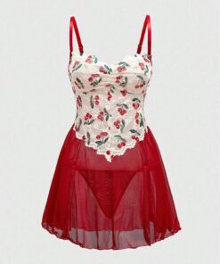 SHEIN ROMWE Kawaii Sexy Lace Cherry Romantic Slit Dress Set