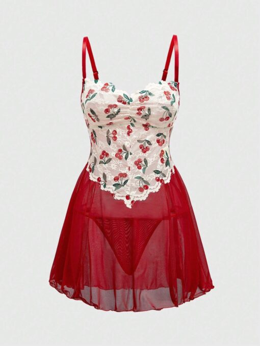 SHEIN ROMWE Kawaii Sexy Lace Cherry Romantic Slit Dress Set